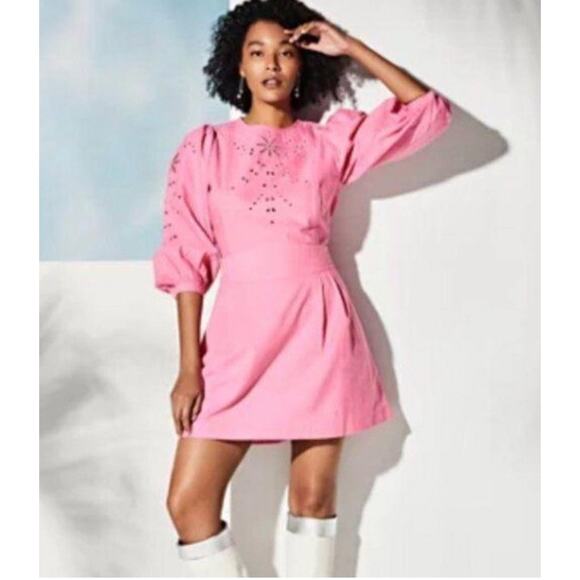 Happyxnature Kate Hudson Cara Eyelet Embroidered Mini Dress Pink Cotton Size 2 - Picture 1 of 10